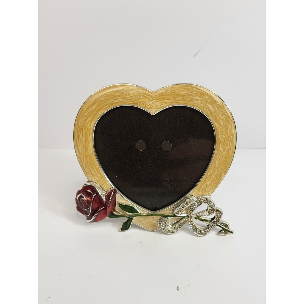Gorham 1831 Heart Picture Frame Silver Tone Red Rose Rhinestone Bow Enameled